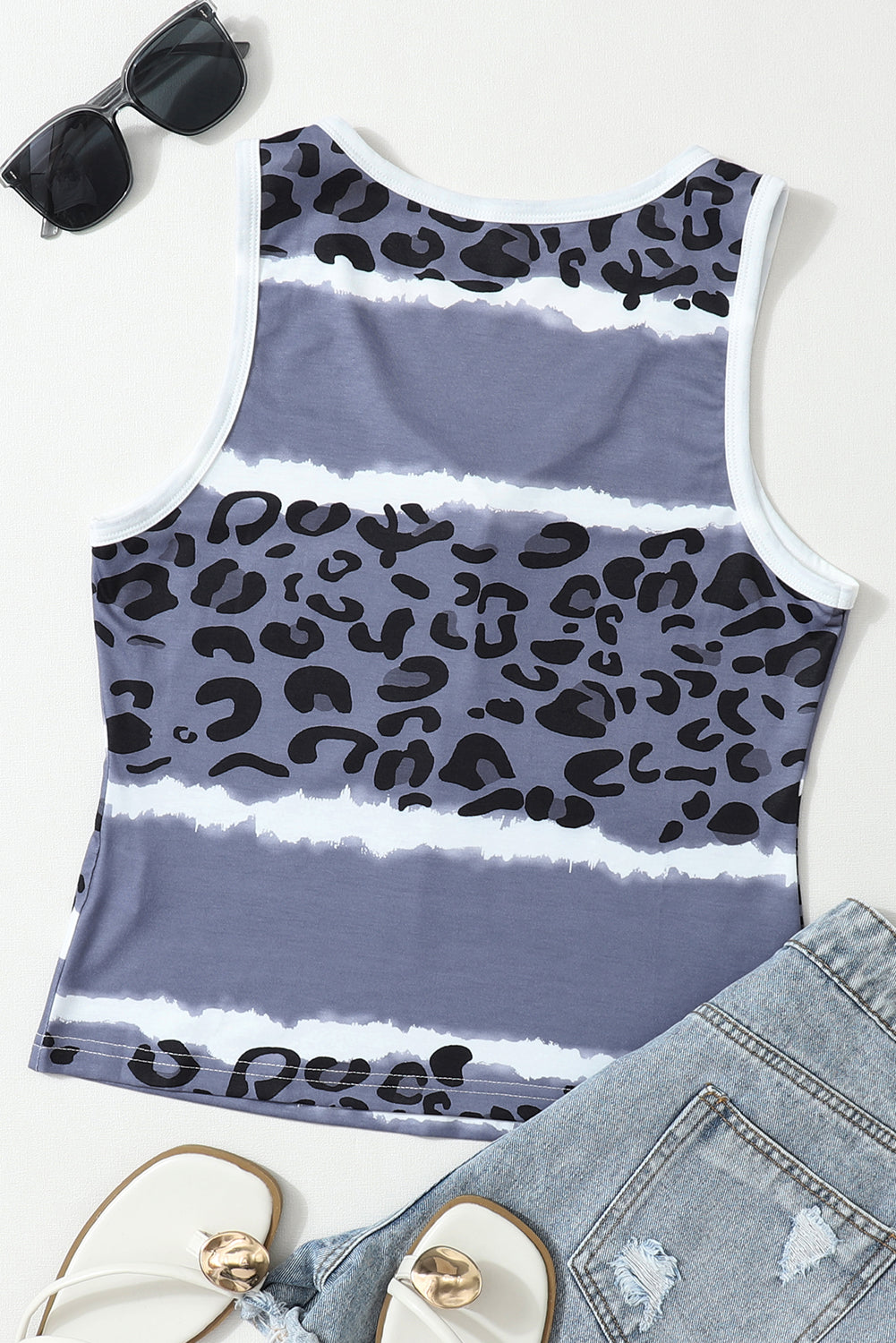 Gray Ribbed Leopard Tie Dye Snap Button Tank Top