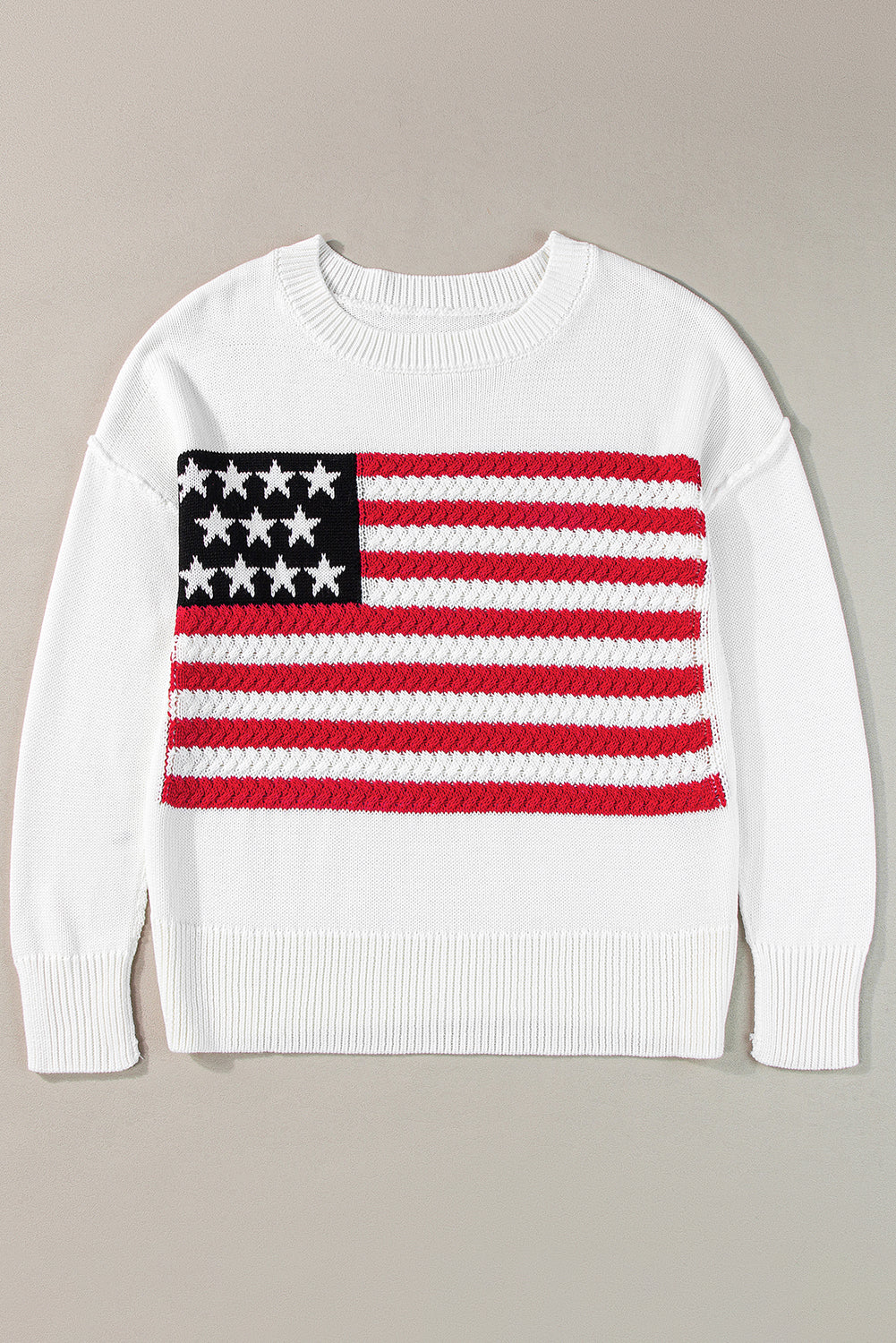 White American Flag Cable Knit Drop Shoulder Sweater