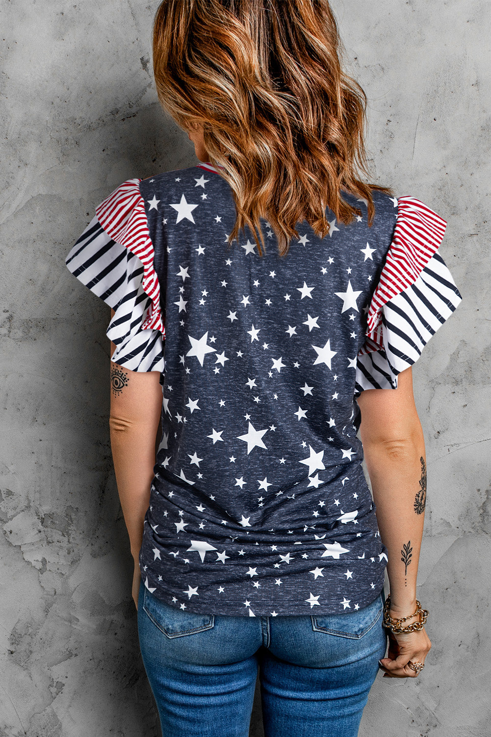 Gray Striped Ruffled Sleeve Star Print T Shirt