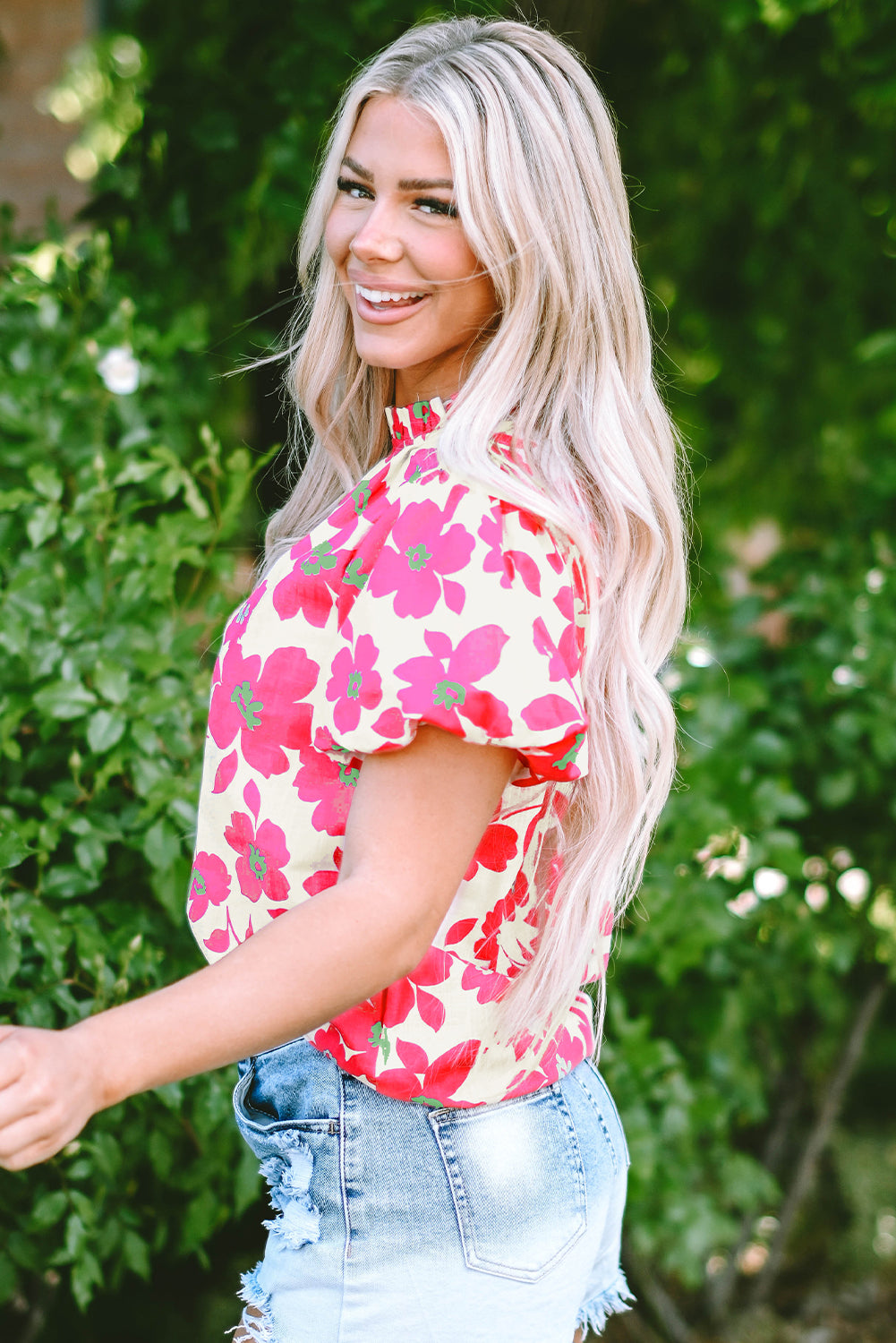 Beige Floral Puff Sleeve Frilled Neckline Blouse