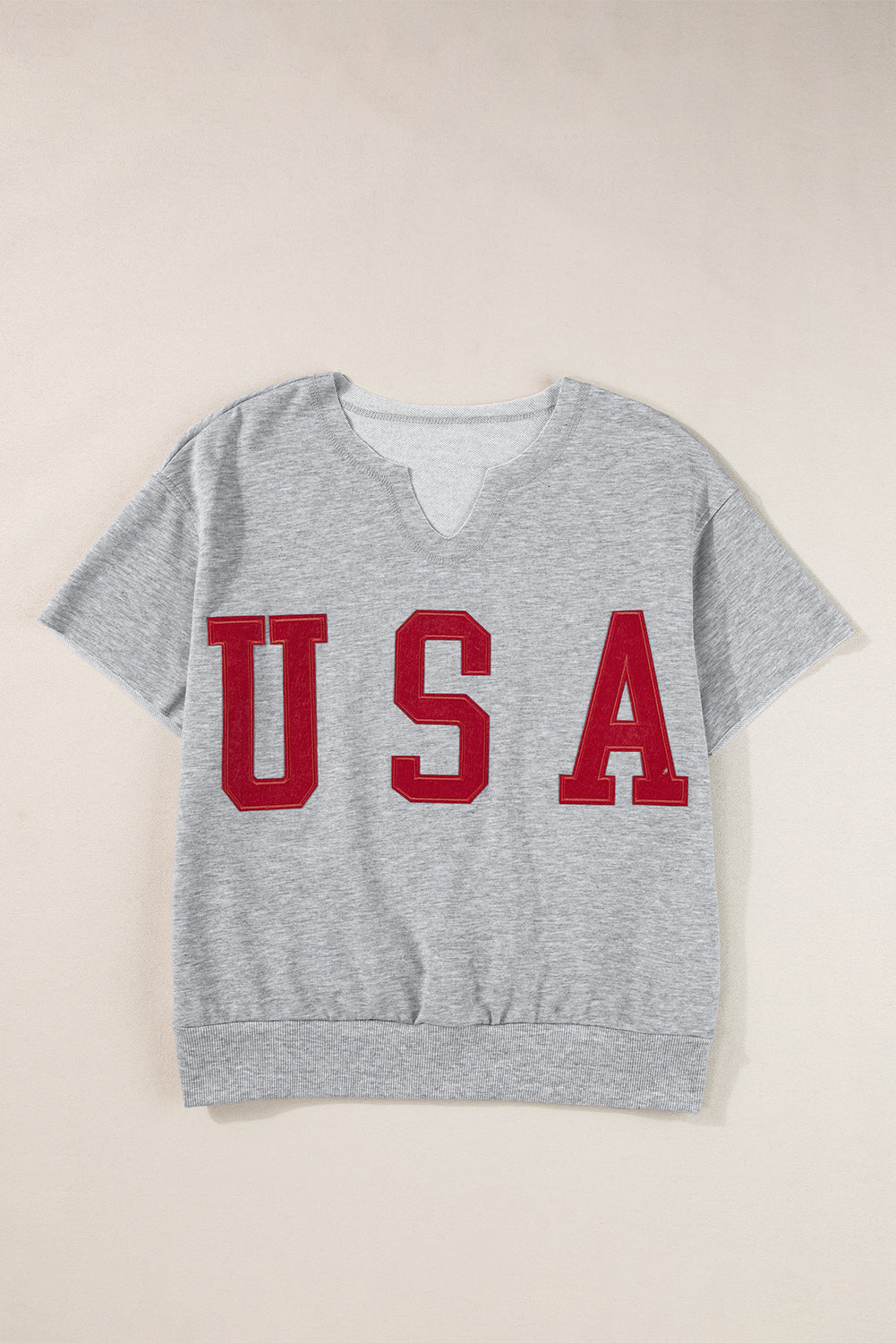 Light Grey USA Lettering Patch Notched Neck Loose Tee