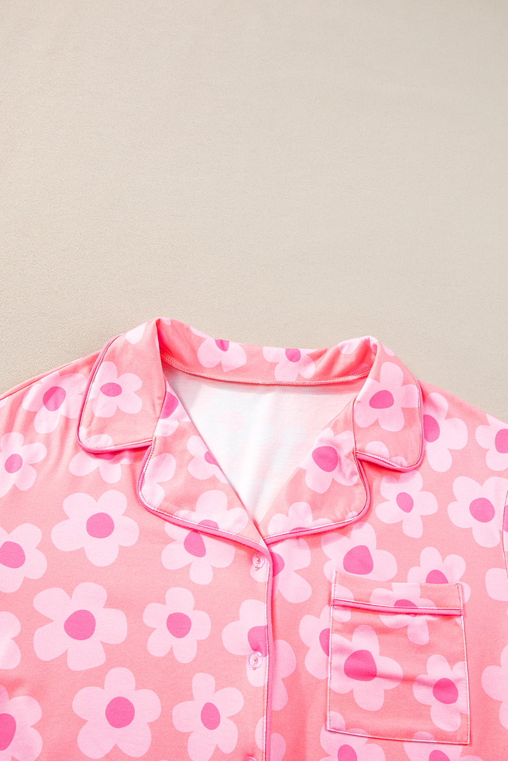 Pink Flower Print Short Sleeve Shirt Pajamas Set