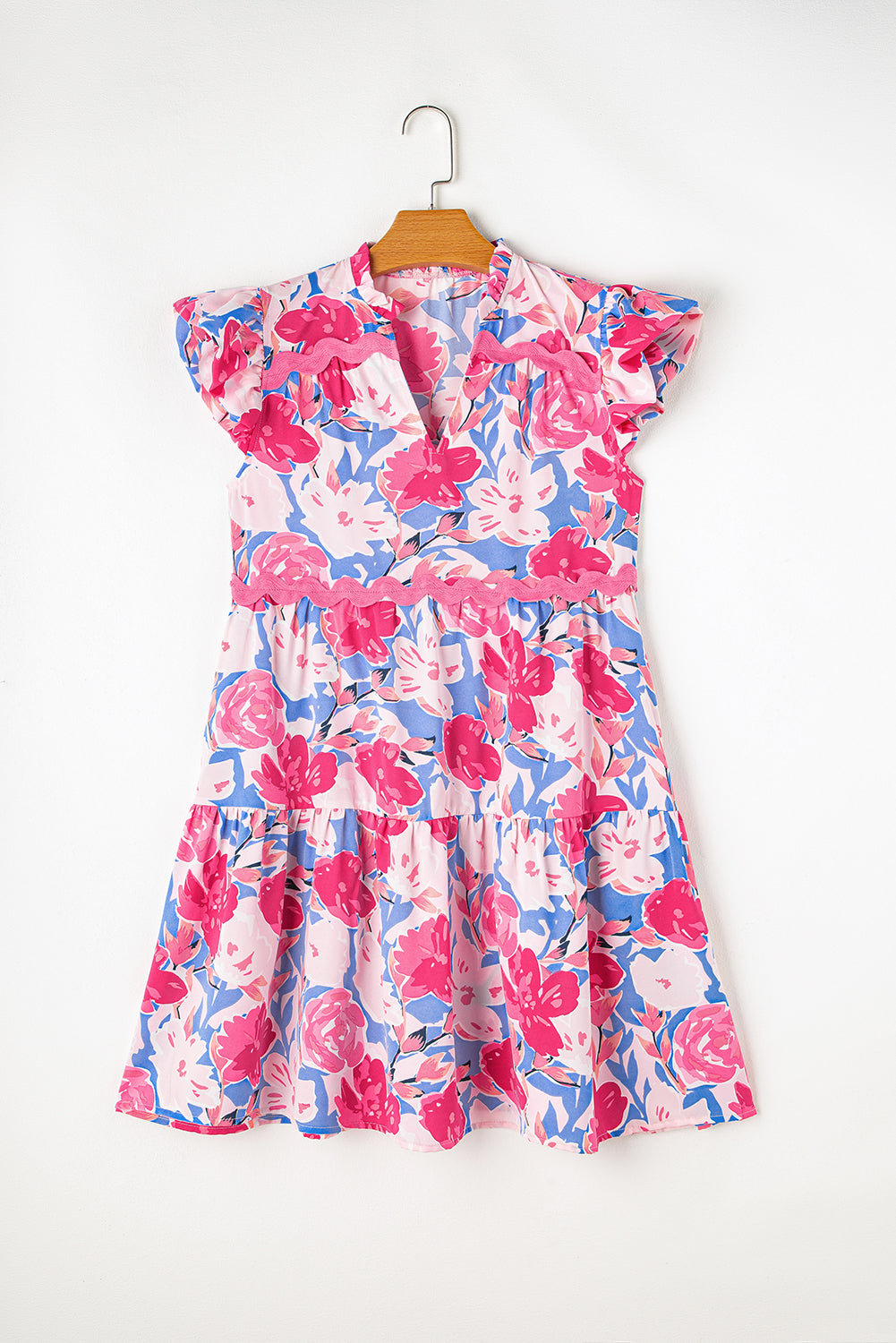 Pink Floral Printed V Notched Ric Rac Flutter Sleeve Dress