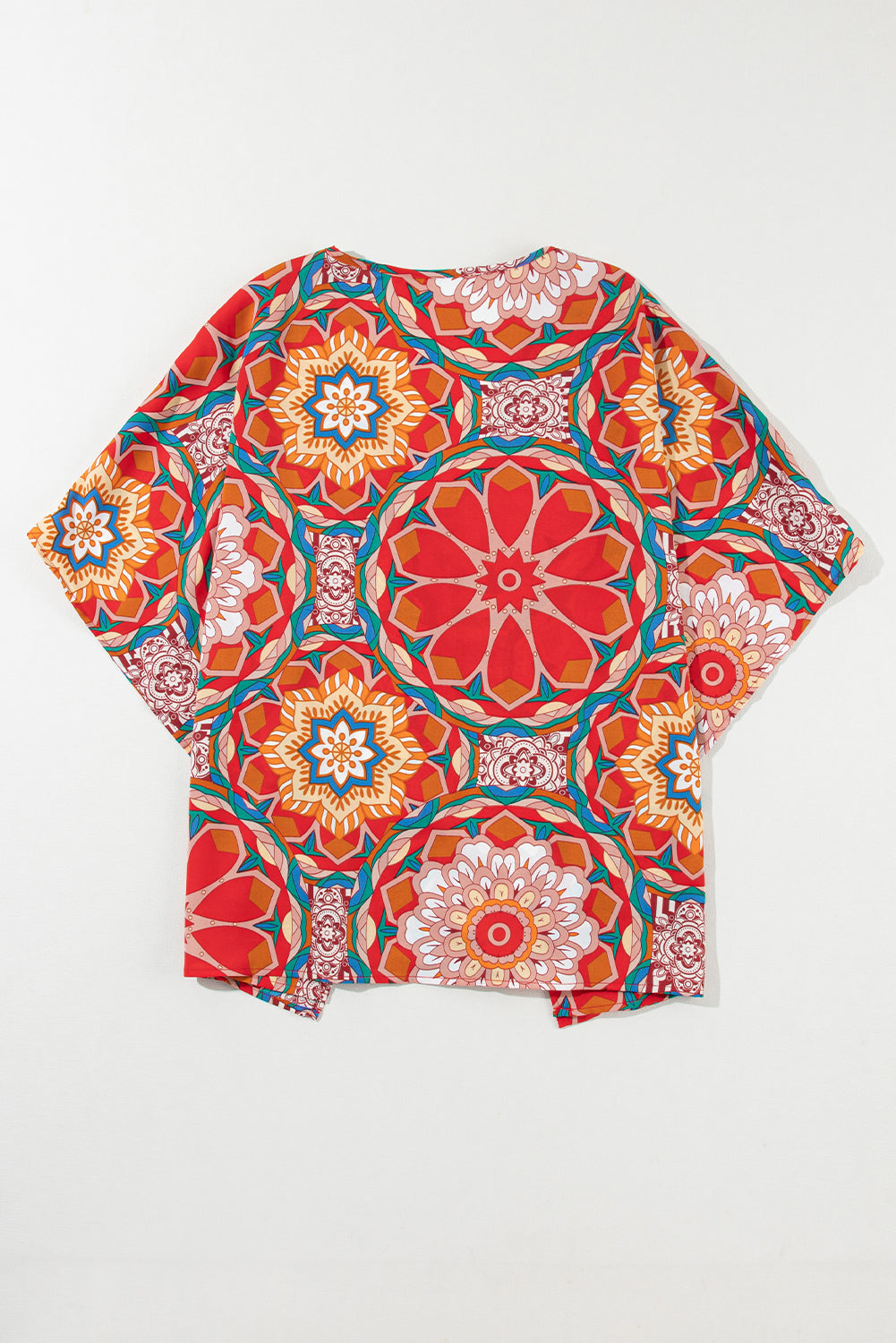 Red Floral Print Batwing Sleeve V Neck Blouse