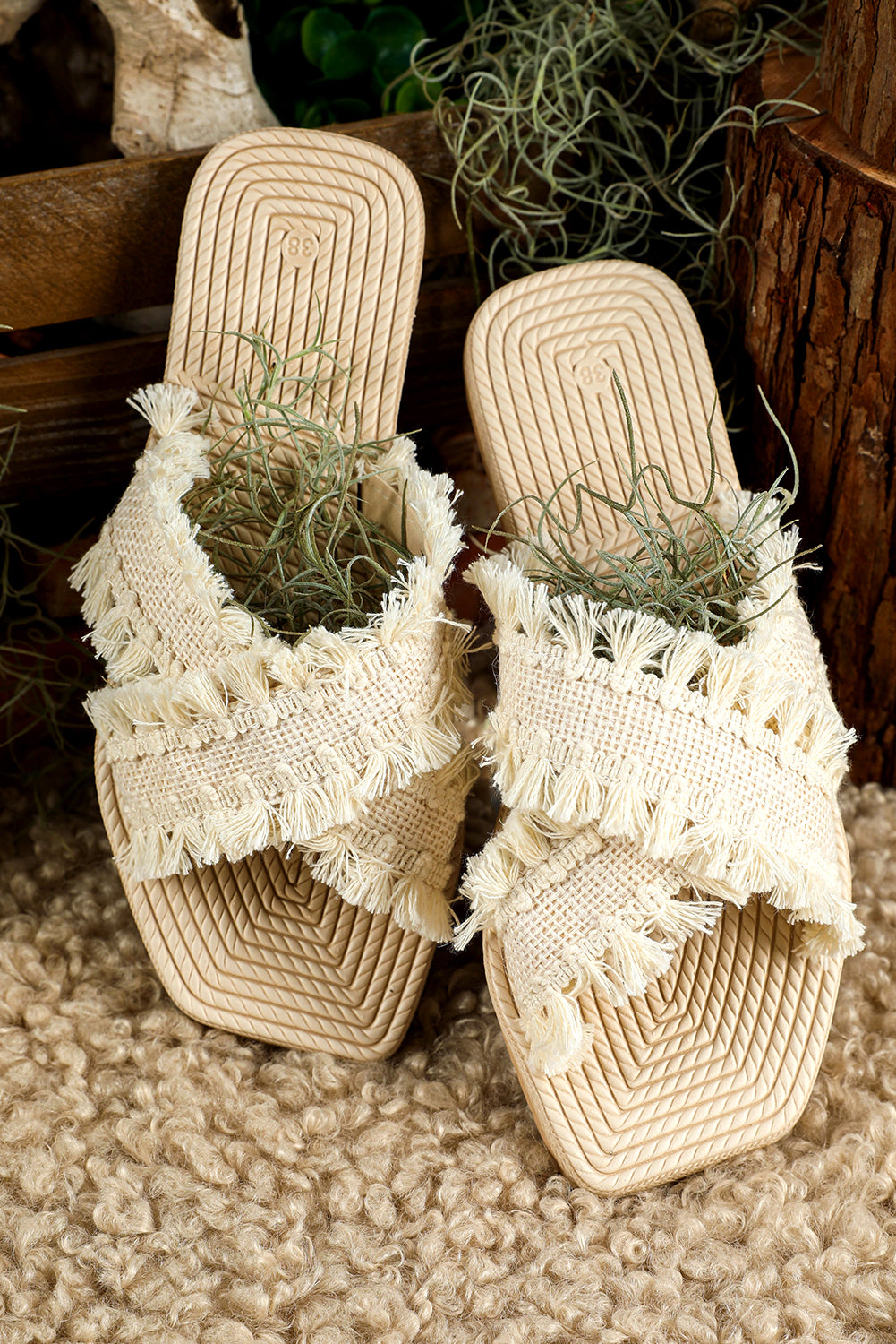 Beige Tassel Woven Crossed Straps Flat Slippers