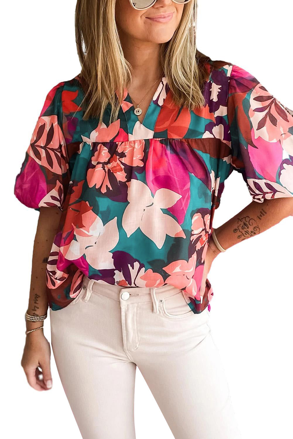 Rose Red Floral Print Puff Sleeve Notched V Neck Blouse