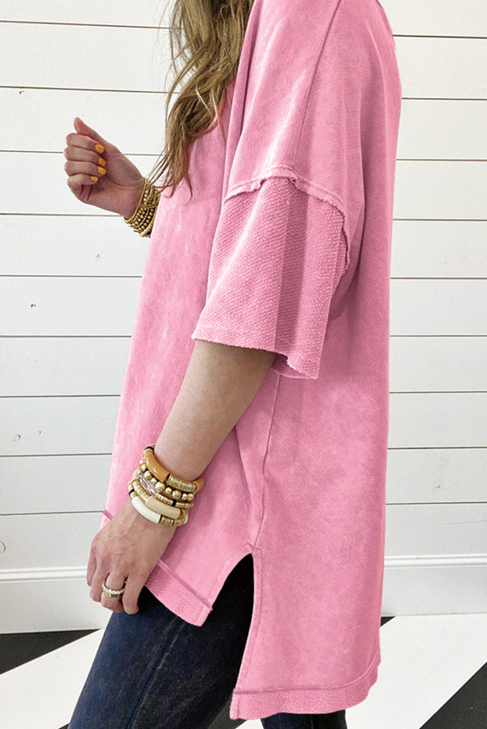 Strawberry Pink Mineral Wash Exposed Seam Drop Shoulder Oversized Tee