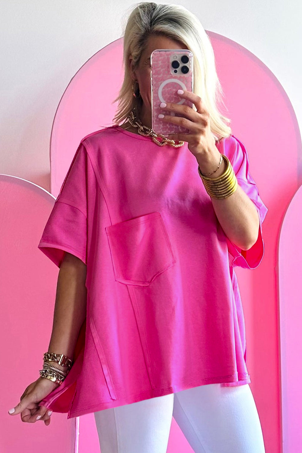 Bright Pink Patched Pocket Exposed Seam Oversize T-shirt