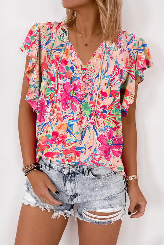 Multicolour Floral Ruffled Sleeve V Neck Summer Blouse