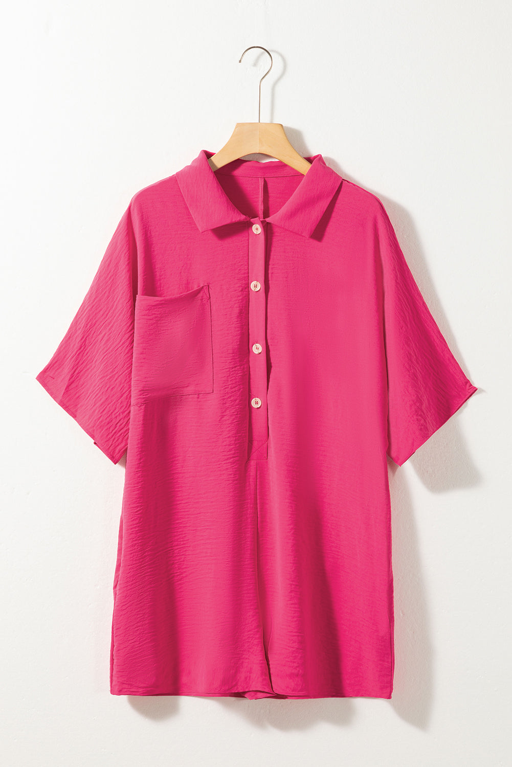 Bright Pink Half Button Collared Loose Romper