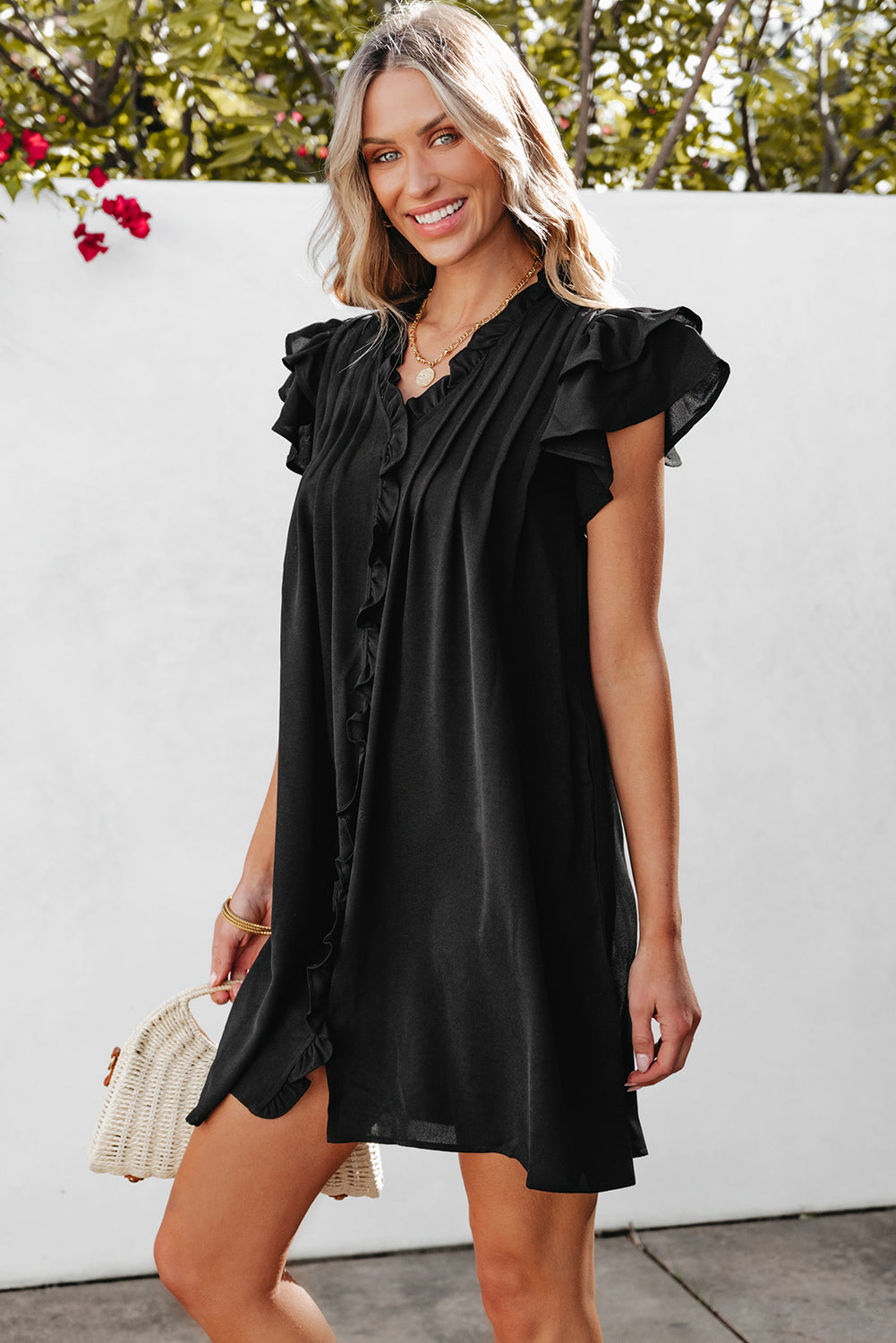 Black Ruffle Sleeve V Neck Frilled Shift Dress