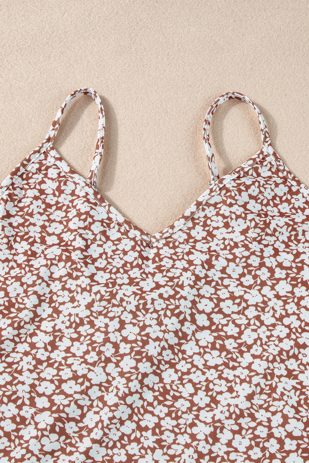 Chestnut Floral Print Spaghetti Strap V Neck Bodysuit