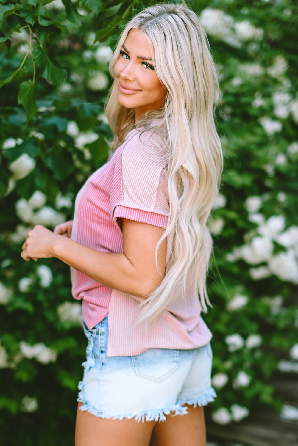 Pink Textured Colorblock Crew Neck T Shirt